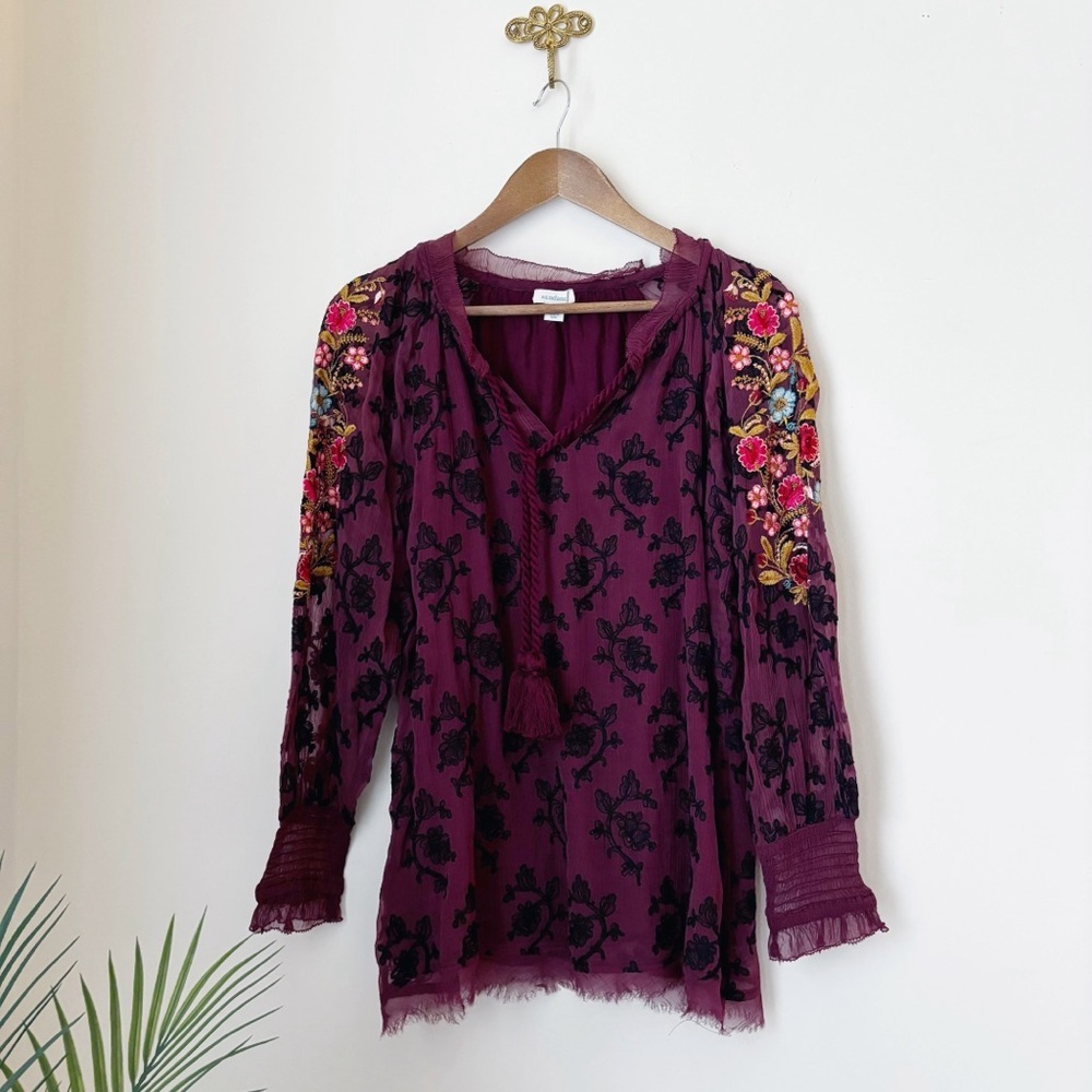 Sundance Burgundy Embroidered Floral Blouse XS Gemma Elegance